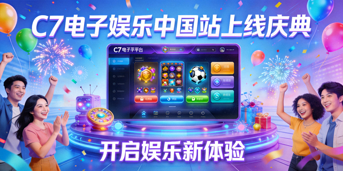 C7电子娱乐中国站上线庆典主视觉横幅，展示平台界面与欢乐氛围