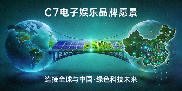 C7电子娱乐品牌愿景概念图，展示连接全球与中国的桥梁以及绿色科技元素