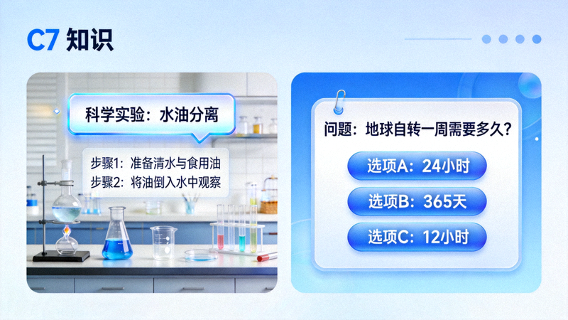 C7平台知识科普类互动模块截图，包含科学实验与趣味问答场景