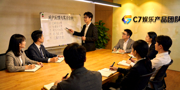 C7娱乐产品团队正在讨论用户反馈与需求分析的会议场景