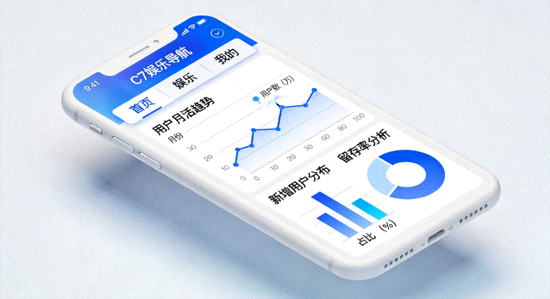 C7娱乐导航移动端APP界面设计图与用户增长数据图表