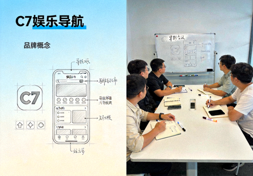 C7娱乐导航品牌初期的概念设计草图与团队早期会议照片