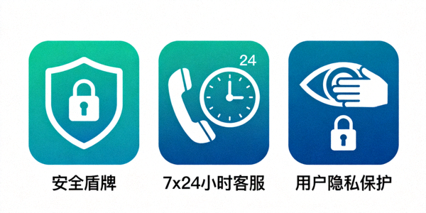 C7娱乐中国站服务承诺图标集合，包括安全盾牌、7x24小时客服、用户隐私保护等