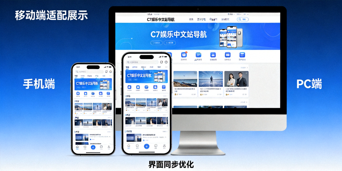 C7娱乐中文站导航移动端适配功能展示图，显示手机与电脑屏幕界面同步优化的对比效果